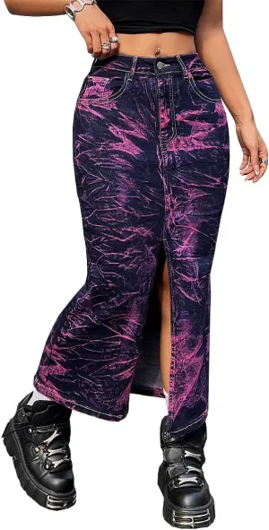 Women's High Waisted Maxi Long Denim Skirts Stretchy Slit Washed Tie Dye Skinny Butt Lifting Jean Midi Skirt,Purple2,L