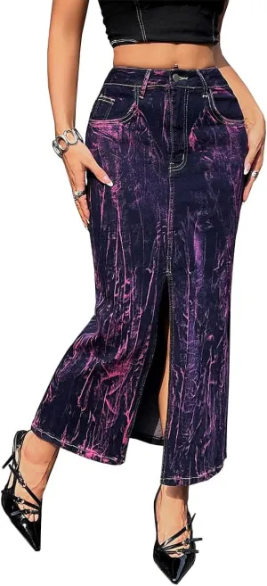 Women's High Waisted Maxi Long Denim Skirts Stretchy Slit Washed Tie Dye Skinny Butt Lifting Jean Midi Skirt,Purple3,S