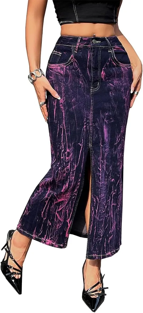 Women's High Waisted Maxi Long Denim Skirts Stretchy Slit Washed Tie Dye Skinny Butt Lifting Jean Midi Skirt,Purple3,S