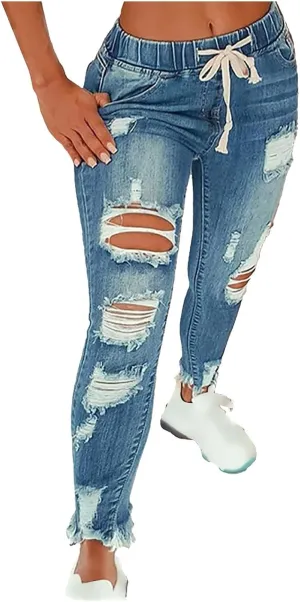 Women's High Waisted Ripped Jeans Slim Fit Skinny Stretch Denims Pants Casual Drawstring Cropped Destroyed Trousers