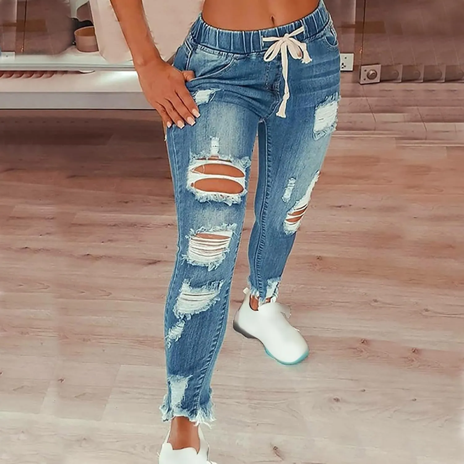 Women's High Waisted Ripped Jeans Slim Fit Skinny Stretch Denims Pants Casual Drawstring Cropped Destroyed Trousers