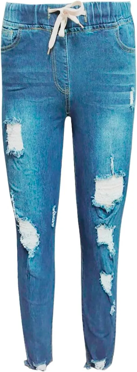 Women's High Waisted Ripped Jeans Slim Fit Skinny Stretch Denims Pants Casual Drawstring Cropped Destroyed Trousers