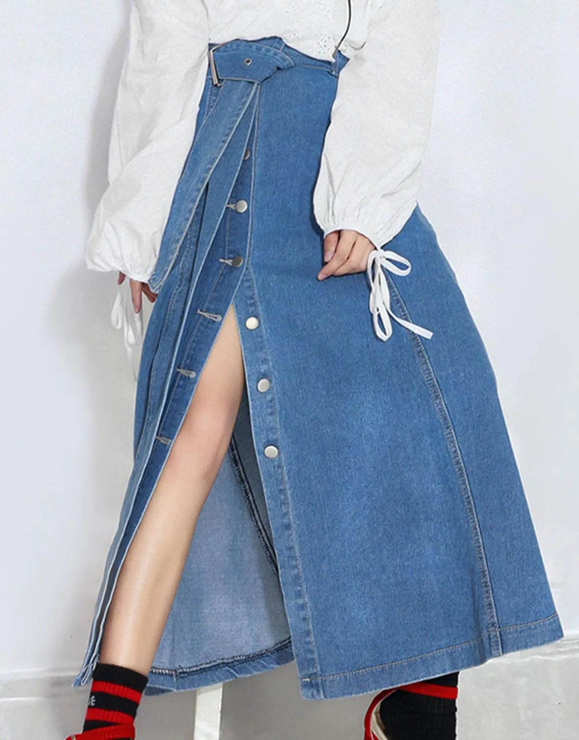 Women's Jean Skirt High Waisted Buttons Slit Hem A Line Swing Maxi Long Denim Skirts