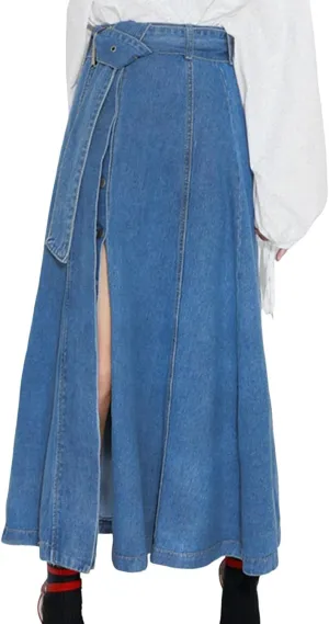 Women's Jean Skirt High Waisted Buttons Slit Hem A Line Swing Maxi Long Denim Skirts