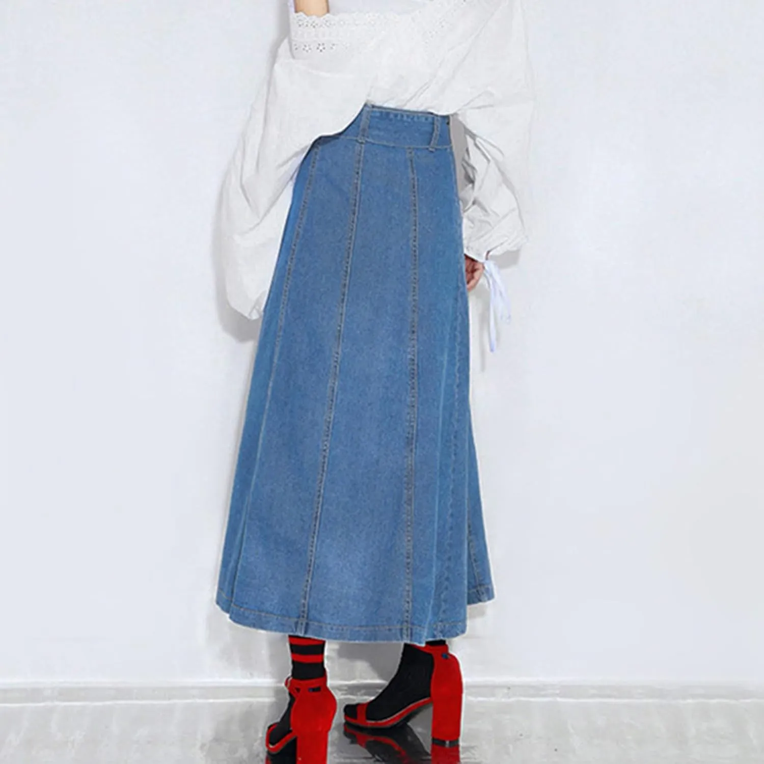 Women's Jean Skirt High Waisted Buttons Slit Hem A Line Swing Maxi Long Denim Skirts