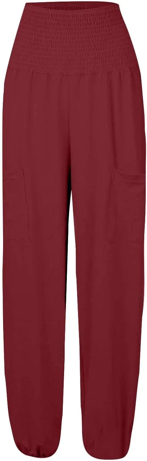 Women's Linen Blend Summer Casual Flowy Palazzo Pants Elastic Waisted Lounge Pants Plus Size Trouser Beach