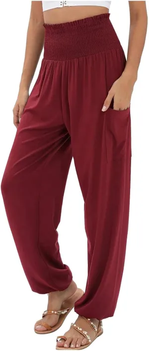 Women's Linen Blend Summer Casual Flowy Palazzo Pants Elastic Waisted Lounge Pants Plus Size Trouser Beach