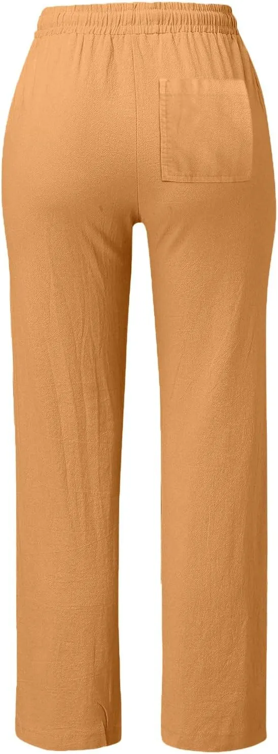 Women's Linen Casual Pants Summer Drawstring Straight Leg Trousers Lightweight Elastic Waist Cotton Pant with Pockets