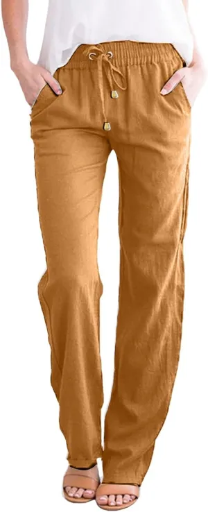 Women's Linen Casual Pants Summer Drawstring Straight Leg Trousers Lightweight Elastic Waist Cotton Pant with Pockets