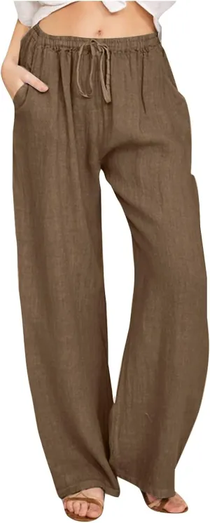 Women's Linen Cotton Pants - Casual Drawstring Elastic Waist Wide Leg Long Lounge Trousers, Comfy Solid Color 2025
