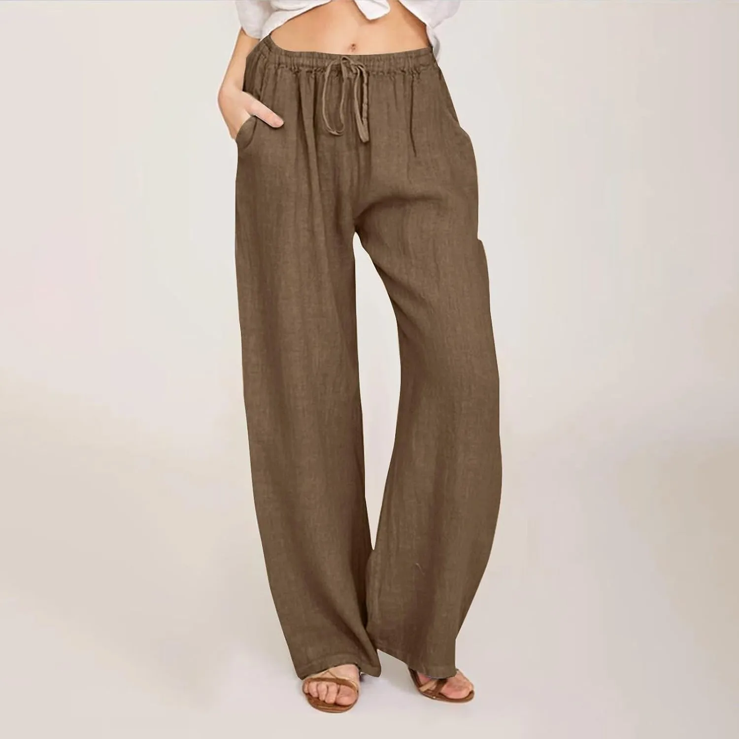 Women's Linen Cotton Pants - Casual Drawstring Elastic Waist Wide Leg Long Lounge Trousers, Comfy Solid Color 2025