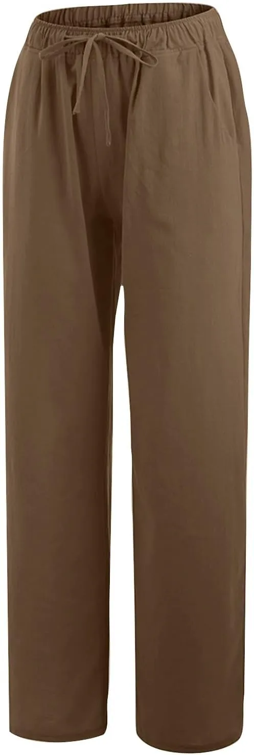 Women's Linen Cotton Pants - Casual Drawstring Elastic Waist Wide Leg Long Lounge Trousers, Comfy Solid Color 2025