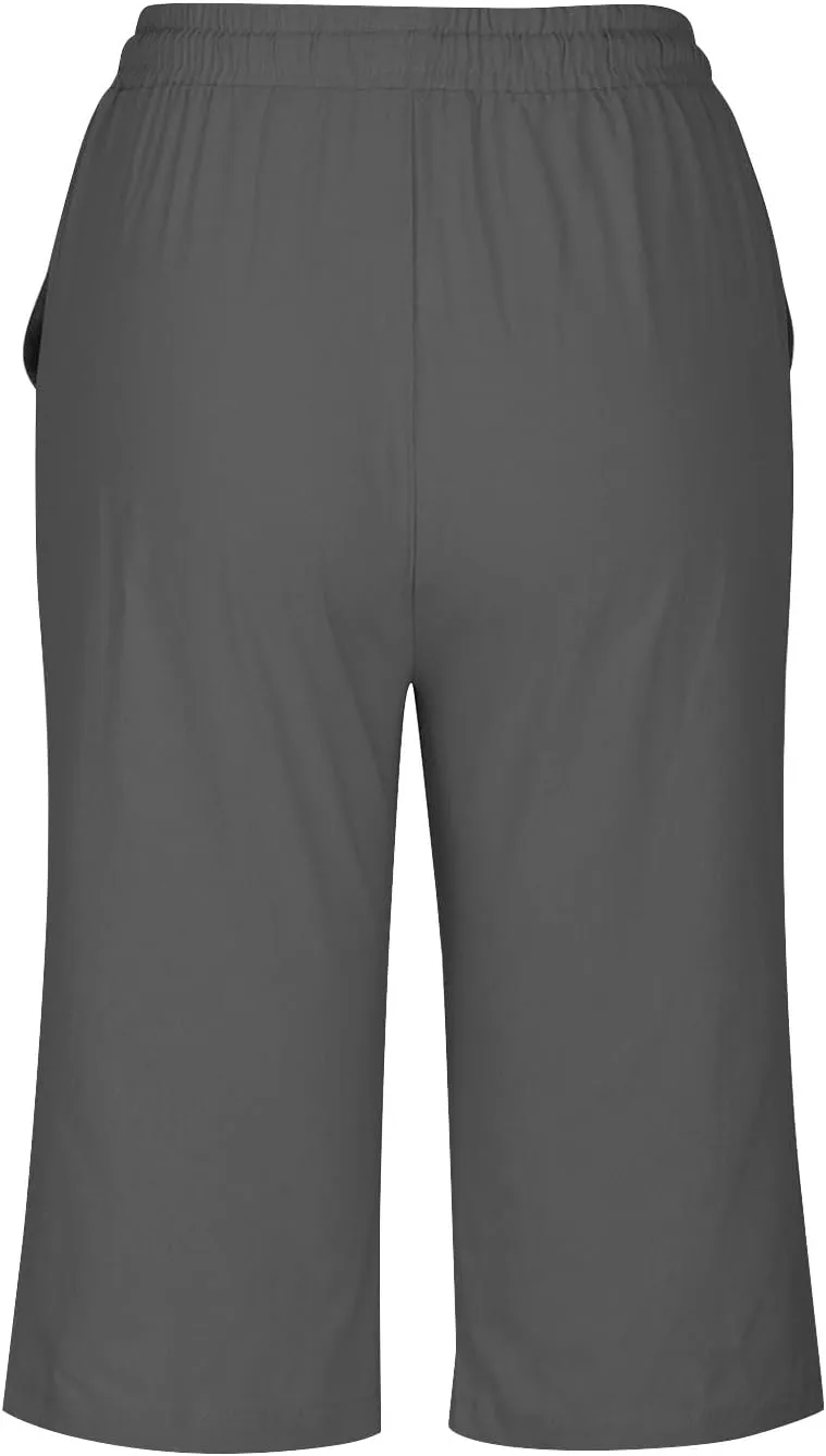 Women's Linen Cropped Drawstring Waist Capri Plus Size Wide Leg Loose Cotton Pocket Capri Pants Workout Leggings