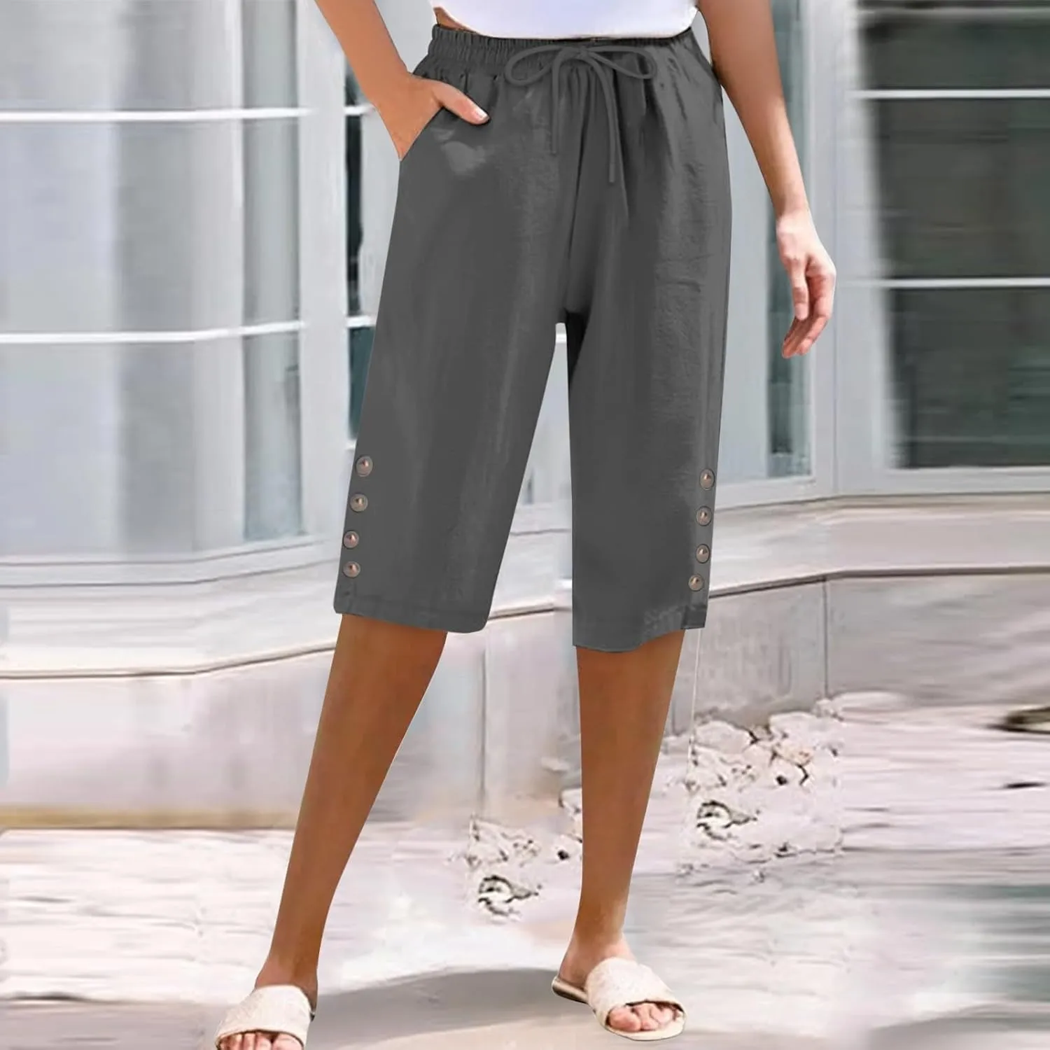 Women's Linen Cropped Drawstring Waist Capri Plus Size Wide Leg Loose Cotton Pocket Capri Pants Workout Leggings