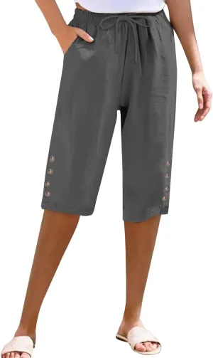 Women's Linen Cropped Drawstring Waist Capri Plus Size Wide Leg Loose Cotton Pocket Capri Pants Workout Leggings