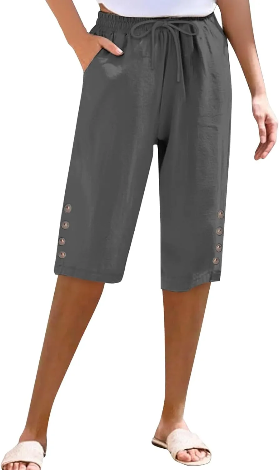 Women's Linen Cropped Drawstring Waist Capri Plus Size Wide Leg Loose Cotton Pocket Capri Pants Workout Leggings