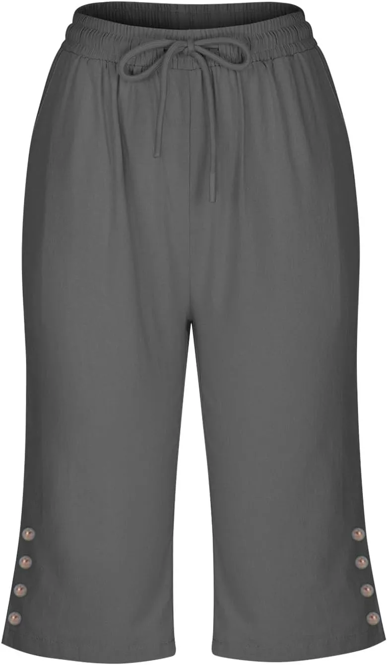 Women's Linen Cropped Drawstring Waist Capri Plus Size Wide Leg Loose Cotton Pocket Capri Pants Workout Leggings