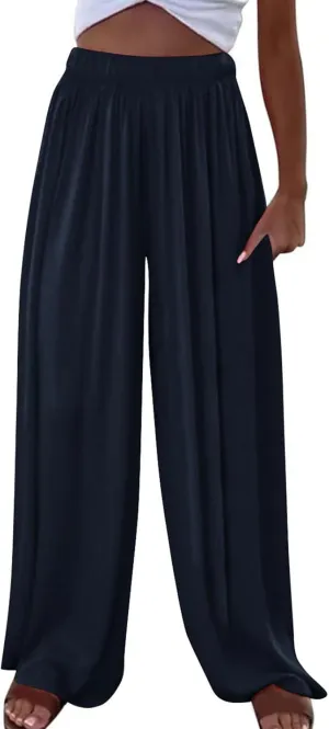 Women's Linen Palazzo Pants 2025 Casual Flowy Trousers Summer Lightweight Wide Leg Pants Baggy Lounge Pants with Pocket