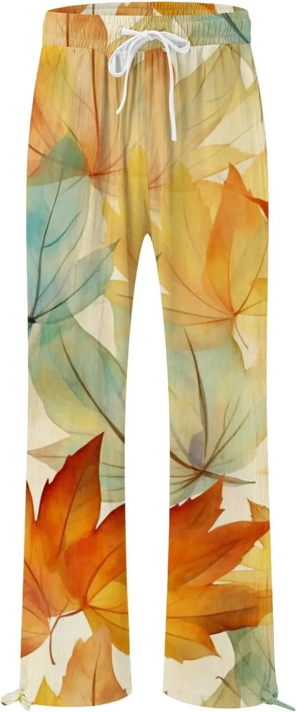 Women's Linen Palazzo Pants Casual Wide Leg Retro Printed Slacks Elastic Waist Drawstring Flowy Trousers with Pockets