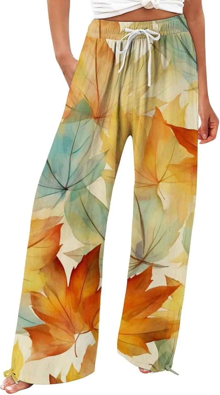 Women's Linen Palazzo Pants Casual Wide Leg Retro Printed Slacks Elastic Waist Drawstring Flowy Trousers with Pockets