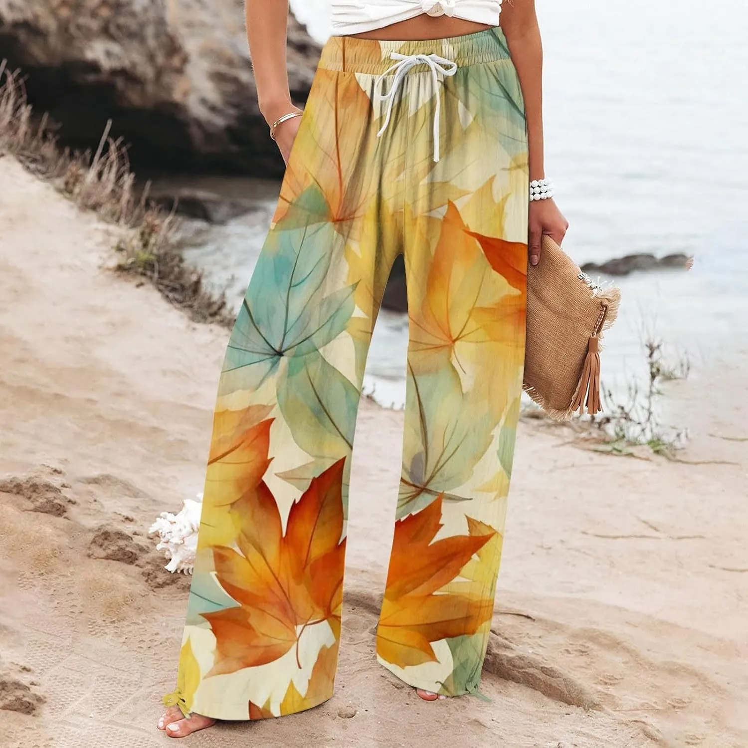 Women's Linen Palazzo Pants Casual Wide Leg Retro Printed Slacks Elastic Waist Drawstring Flowy Trousers with Pockets