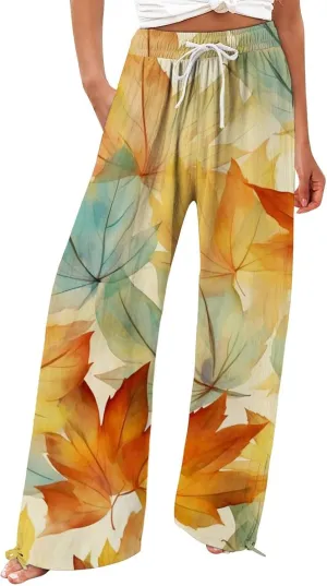 Women's Linen Palazzo Pants Casual Wide Leg Retro Printed Slacks Elastic Waist Drawstring Flowy Trousers with Pockets