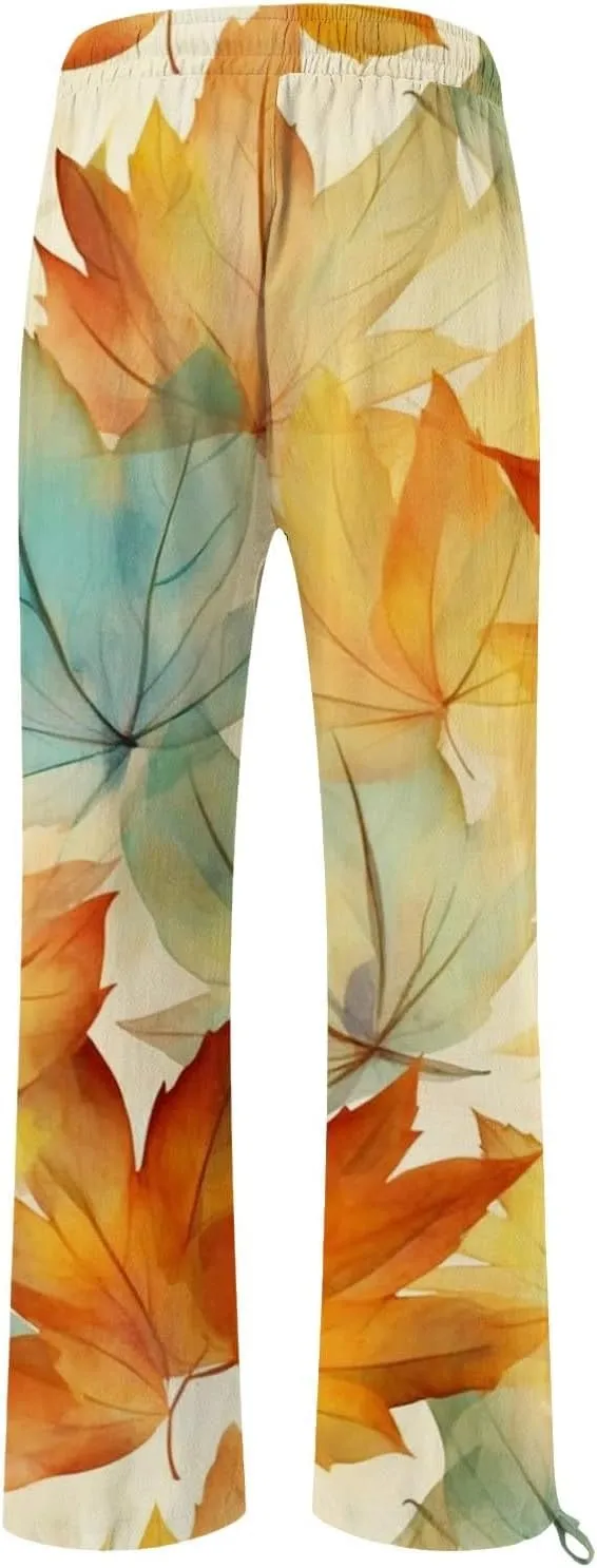 Women's Linen Palazzo Pants Casual Wide Leg Retro Printed Slacks Elastic Waist Drawstring Flowy Trousers with Pockets