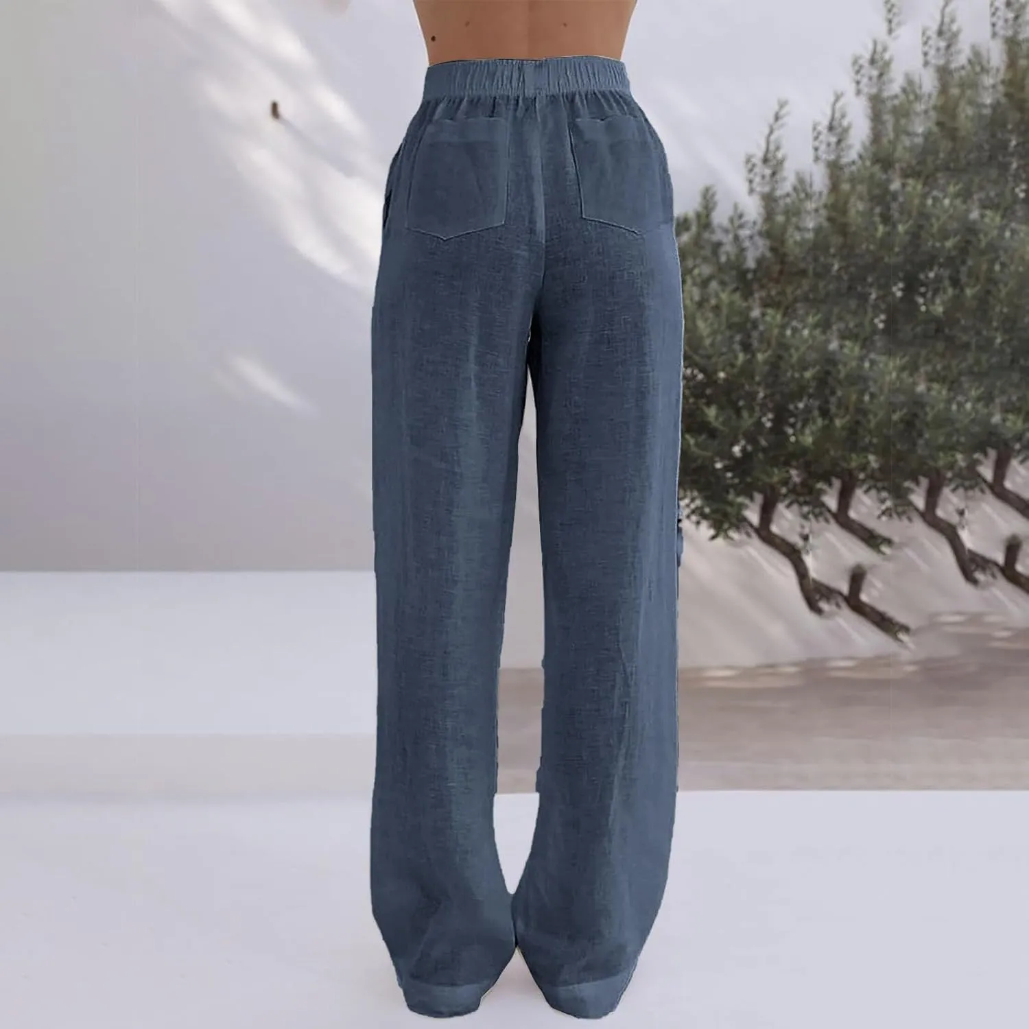 Womens Linen Palazzo Pants Summer Casual Elastic High Waisted Wide Leg Lounge Trousers Beach Flowy Pants with Pockets