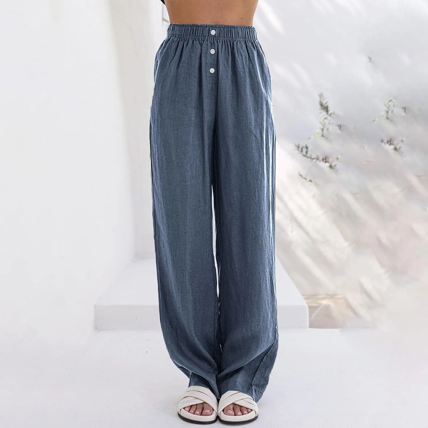 Womens Linen Palazzo Pants Summer Casual Elastic High Waisted Wide Leg Lounge Trousers Beach Flowy Pants with Pockets