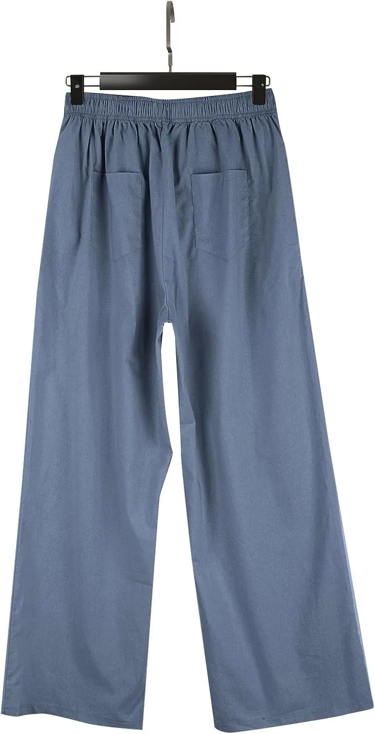 Womens Linen Palazzo Pants Summer Casual Elastic High Waisted Wide Leg Lounge Trousers Beach Flowy Pants with Pockets