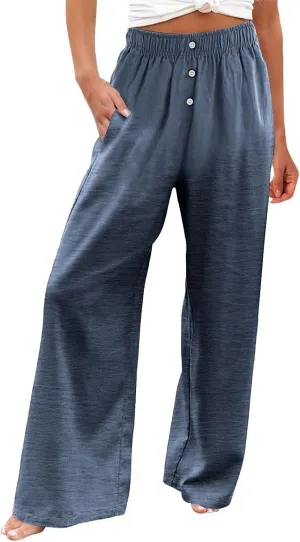 Womens Linen Palazzo Pants Summer Casual Elastic High Waisted Wide Leg Lounge Trousers Beach Flowy Pants with Pockets