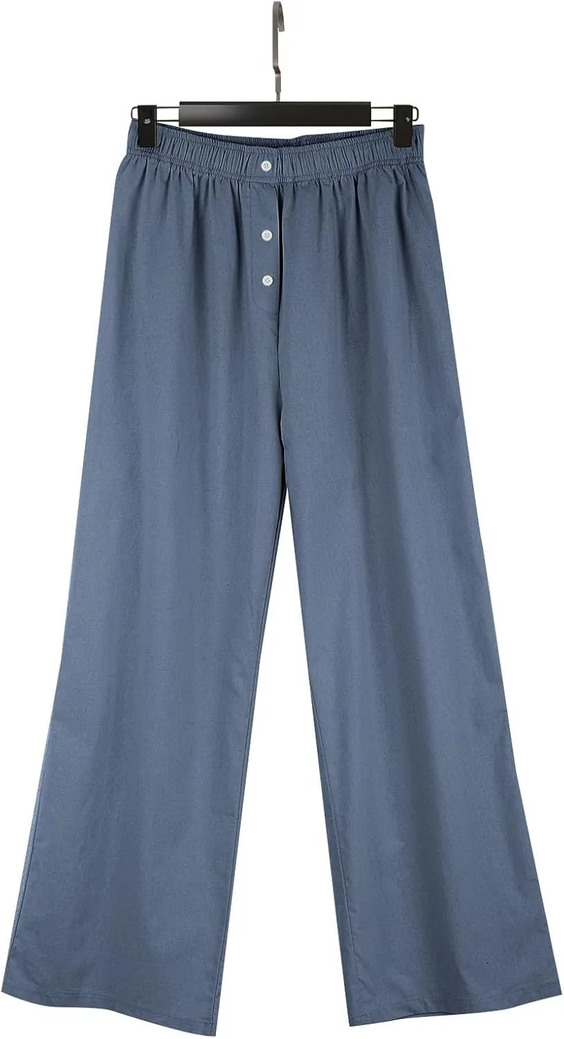 Womens Linen Palazzo Pants Summer Casual Elastic High Waisted Wide Leg Lounge Trousers Beach Flowy Pants with Pockets