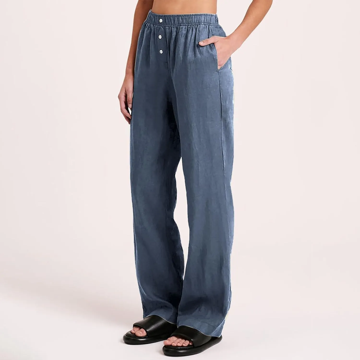 Womens Linen Palazzo Pants Summer Casual Elastic High Waisted Wide Leg Lounge Trousers Beach Flowy Pants with Pockets