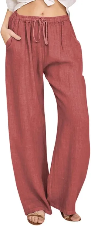 Women's Linen Pants 2025 Summer Cotton Wide Leg Casual Comfy Drawstring High Waist Palazzo Pants Trousers with Pockets