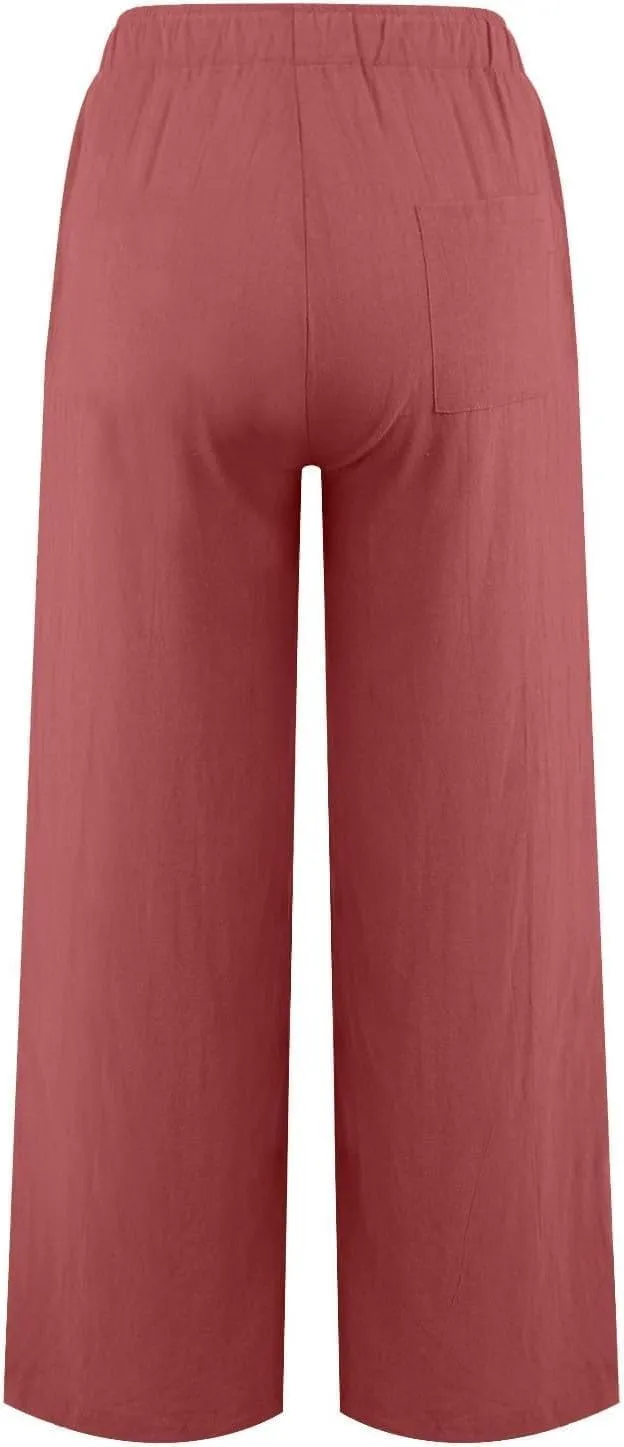 Women's Linen Pants 2025 Summer Cotton Wide Leg Casual Comfy Drawstring High Waist Palazzo Pants Trousers with Pockets