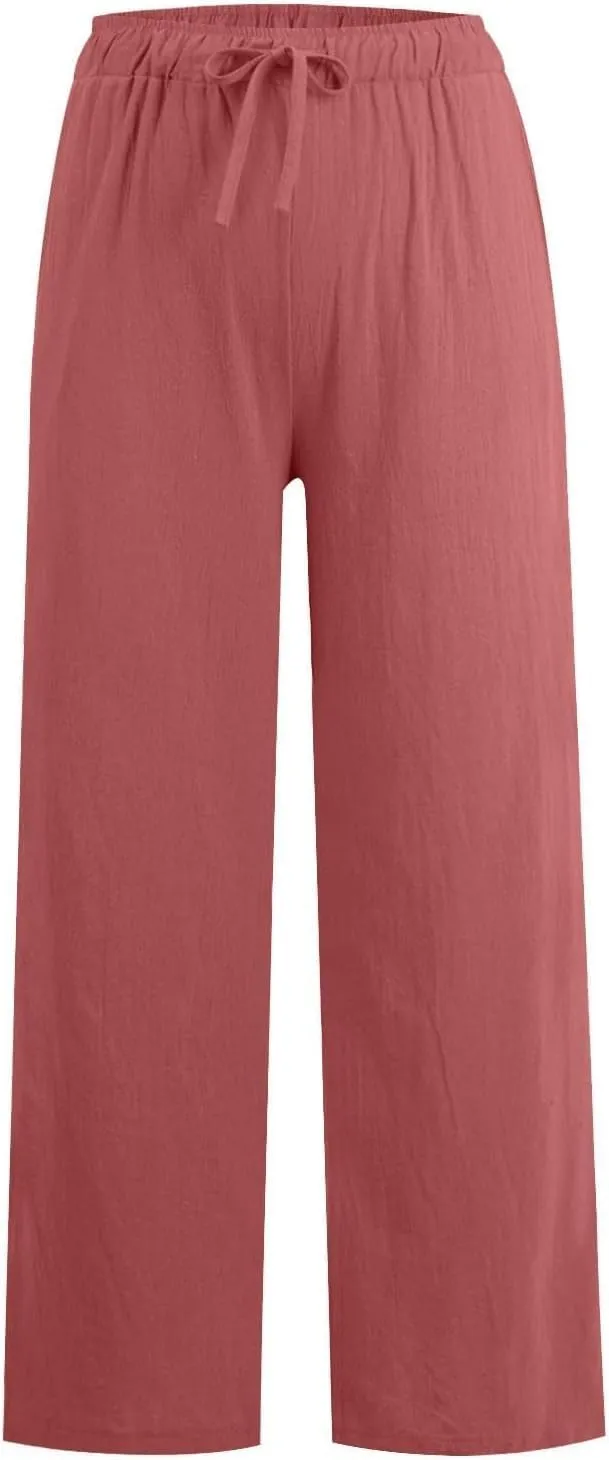 Women's Linen Pants 2025 Summer Cotton Wide Leg Casual Comfy Drawstring High Waist Palazzo Pants Trousers with Pockets
