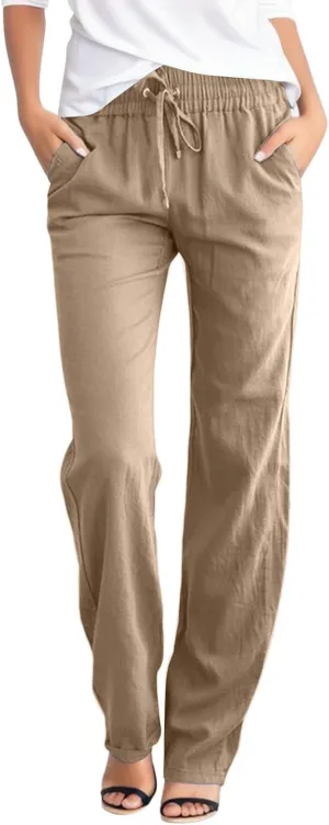 Women's Linen Pants Casual High Waist Pants Drawstring Loose Fit Summer Pants Solid Lounge Long Trousers with Side Pockets