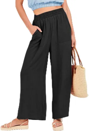 Women's Linen Pants Casual Loose High Waist Drawstring Palazzo Trousers Pockets Wide Leg Summer Flowy Pants Plus Size
