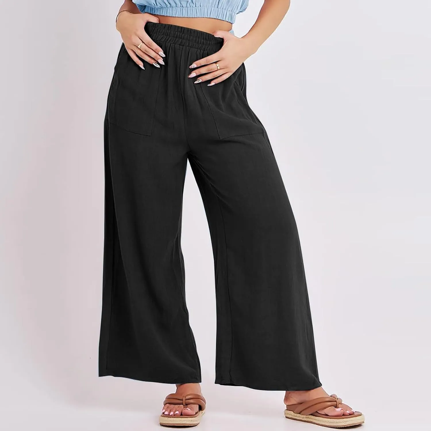 Women's Linen Pants Casual Loose High Waist Drawstring Palazzo Trousers Pockets Wide Leg Summer Flowy Pants Plus Size