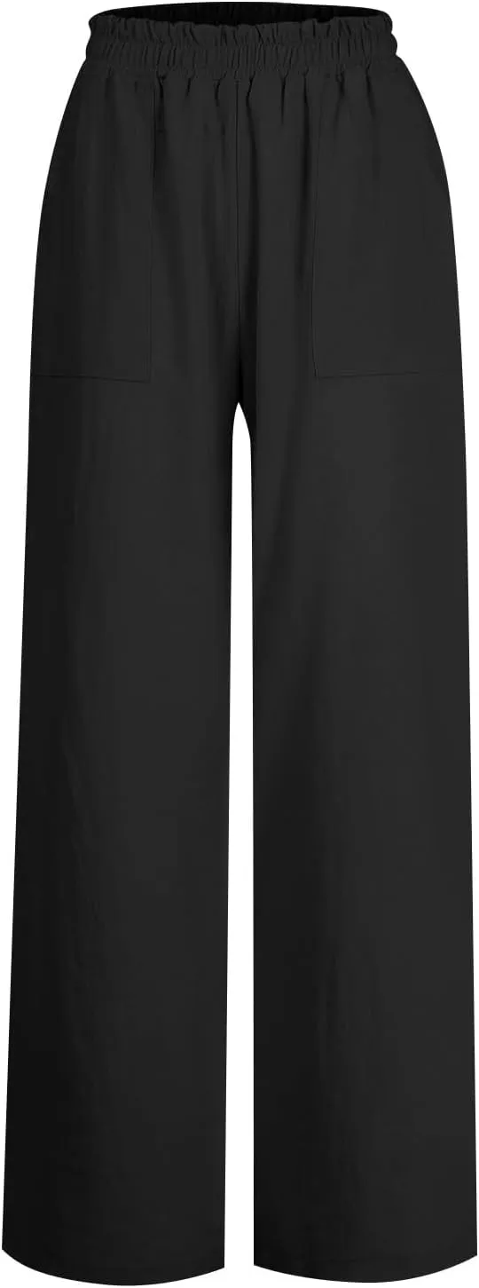Women's Linen Pants Casual Loose High Waist Drawstring Palazzo Trousers Pockets Wide Leg Summer Flowy Pants Plus Size