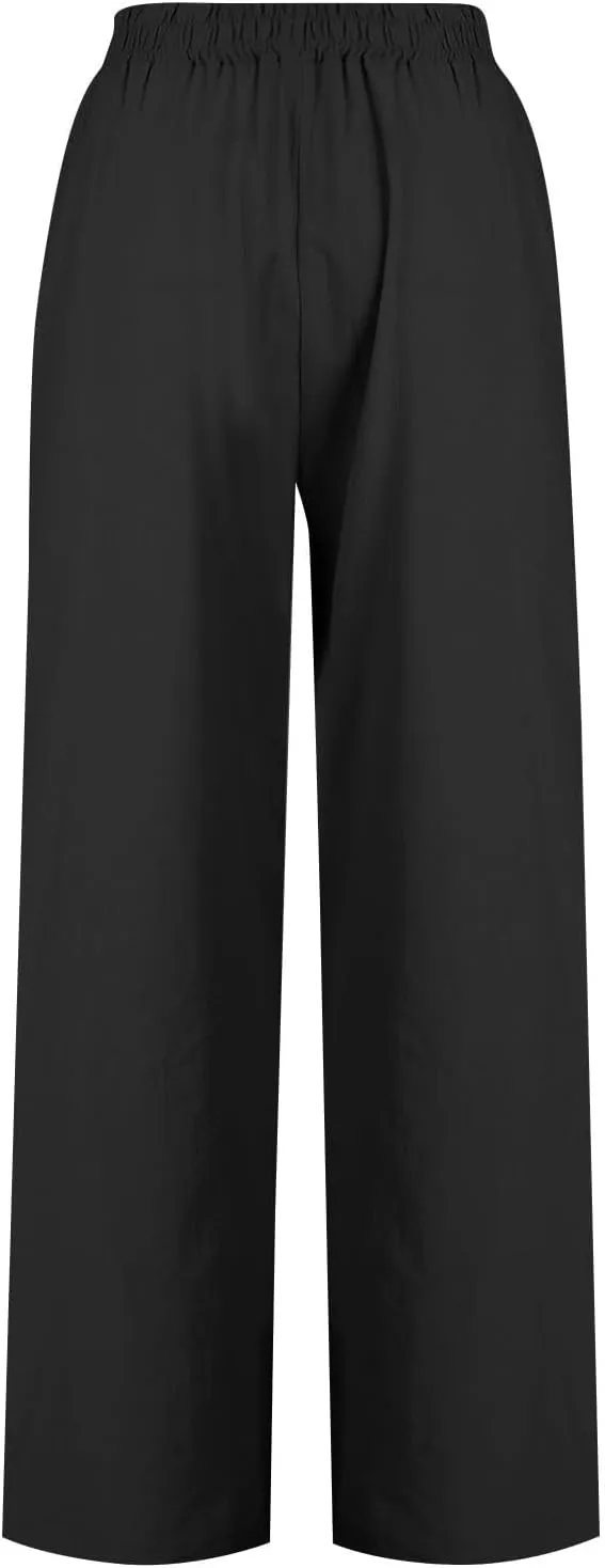 Women's Linen Pants Casual Loose High Waist Drawstring Palazzo Trousers Pockets Wide Leg Summer Flowy Pants Plus Size