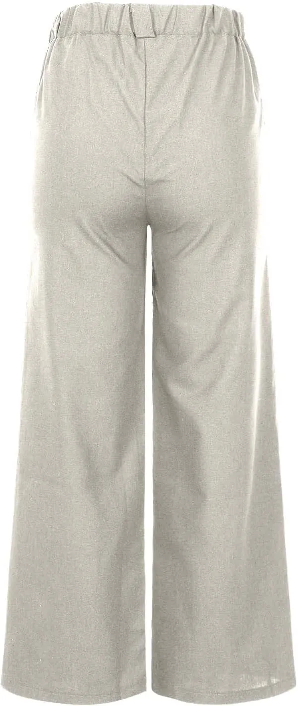 Womens Linen Pants Casual Summer Wide Leg High Waisted Button Pants Solid Color Straight Palazzo 2025 Long Trousers