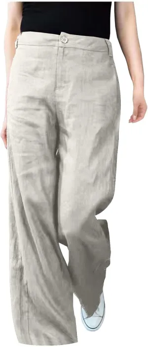 Womens Linen Pants Casual Summer Wide Leg High Waisted Button Pants Solid Color Straight Palazzo 2025 Long Trousers