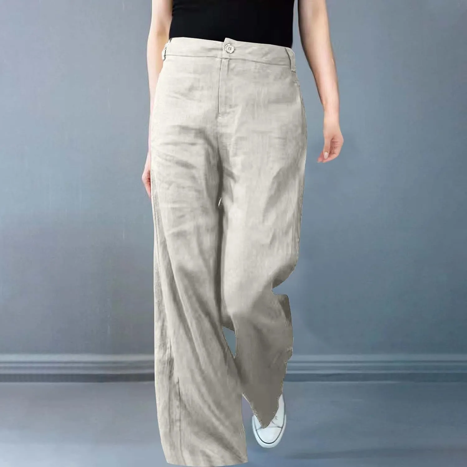 Womens Linen Pants Casual Summer Wide Leg High Waisted Button Pants Solid Color Straight Palazzo 2025 Long Trousers