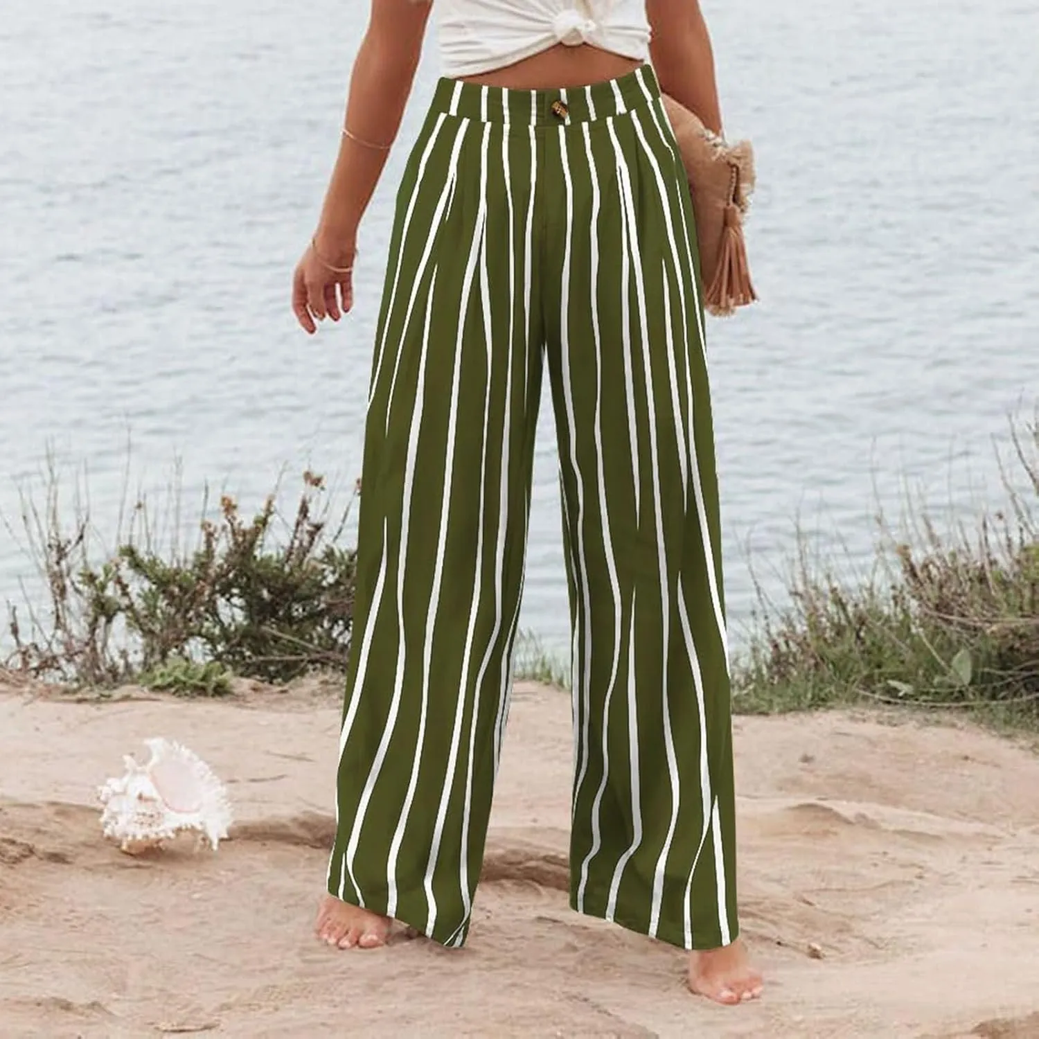 Womens Linen Pants Lounge Baggy Flowy Beach Pants Elastic High Waisted Pleated Wide Leg Trousers with Pockets