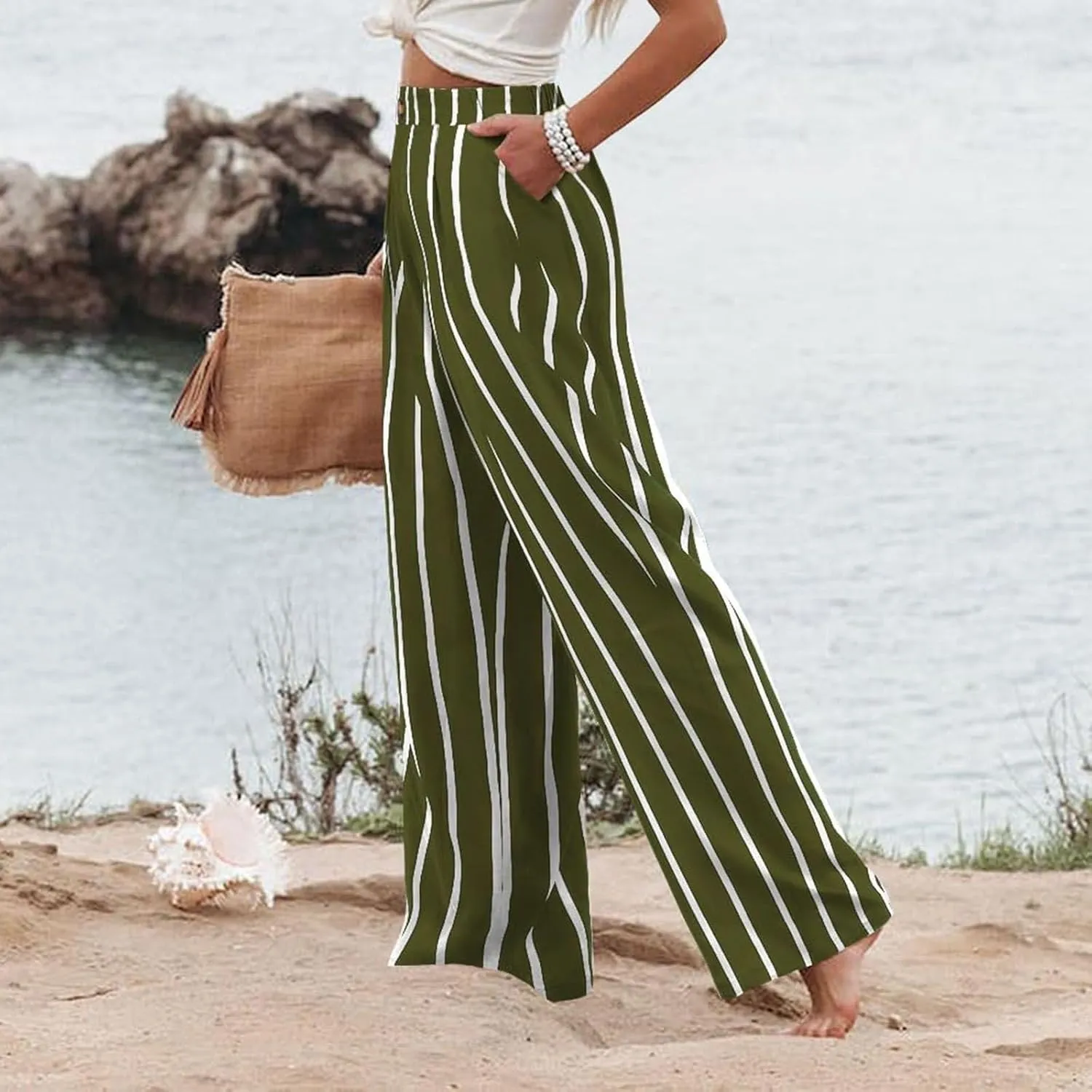 Womens Linen Pants Lounge Baggy Flowy Beach Pants Elastic High Waisted Pleated Wide Leg Trousers with Pockets