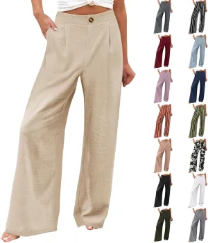Womens Linen Pants Lounge Baggy Flowy Beach Pants Elastic High Waisted Pleated Wide Leg Trousers with Pockets