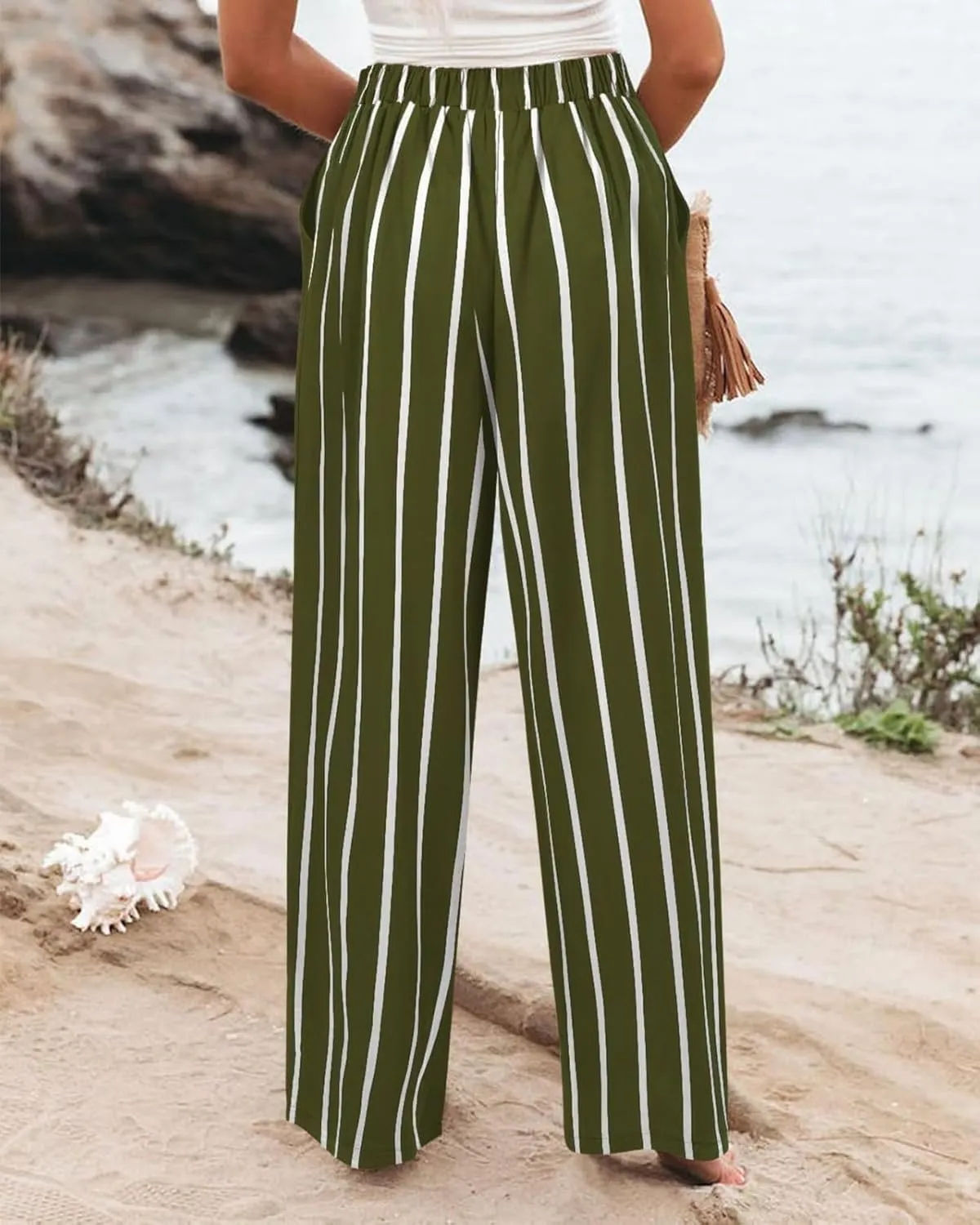 Womens Linen Pants Lounge Baggy Flowy Beach Pants Elastic High Waisted Pleated Wide Leg Trousers with Pockets