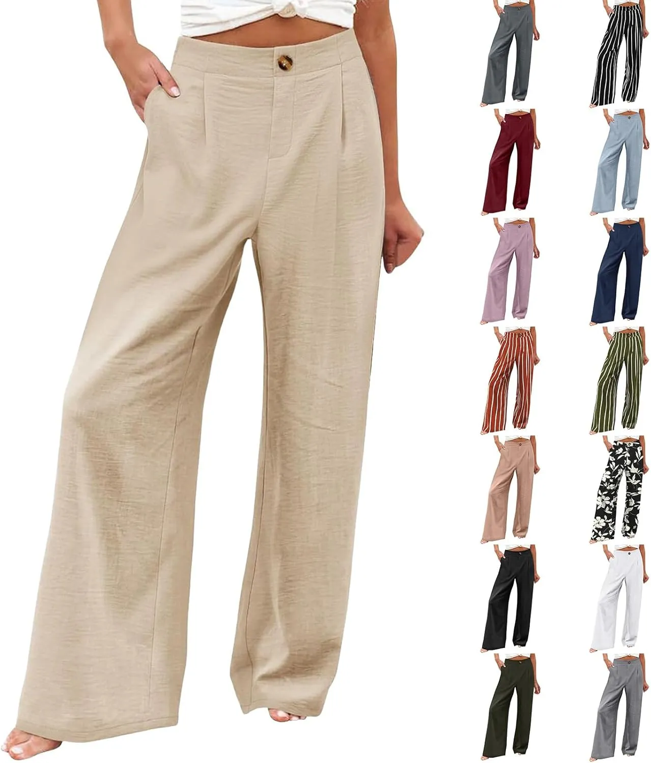 Womens Linen Pants Lounge Baggy Flowy Beach Pants Elastic High Waisted Pleated Wide Leg Trousers with Pockets