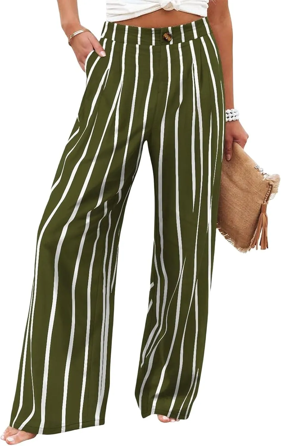 Womens Linen Pants Lounge Baggy Flowy Beach Pants Elastic High Waisted Pleated Wide Leg Trousers with Pockets